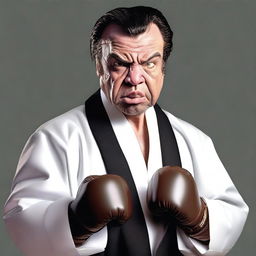 A photo-realistic image of a preacher with a very pugnacious expression, wearing traditional preacher attire including a black robe and a white collar, but also wearing boxing gloves