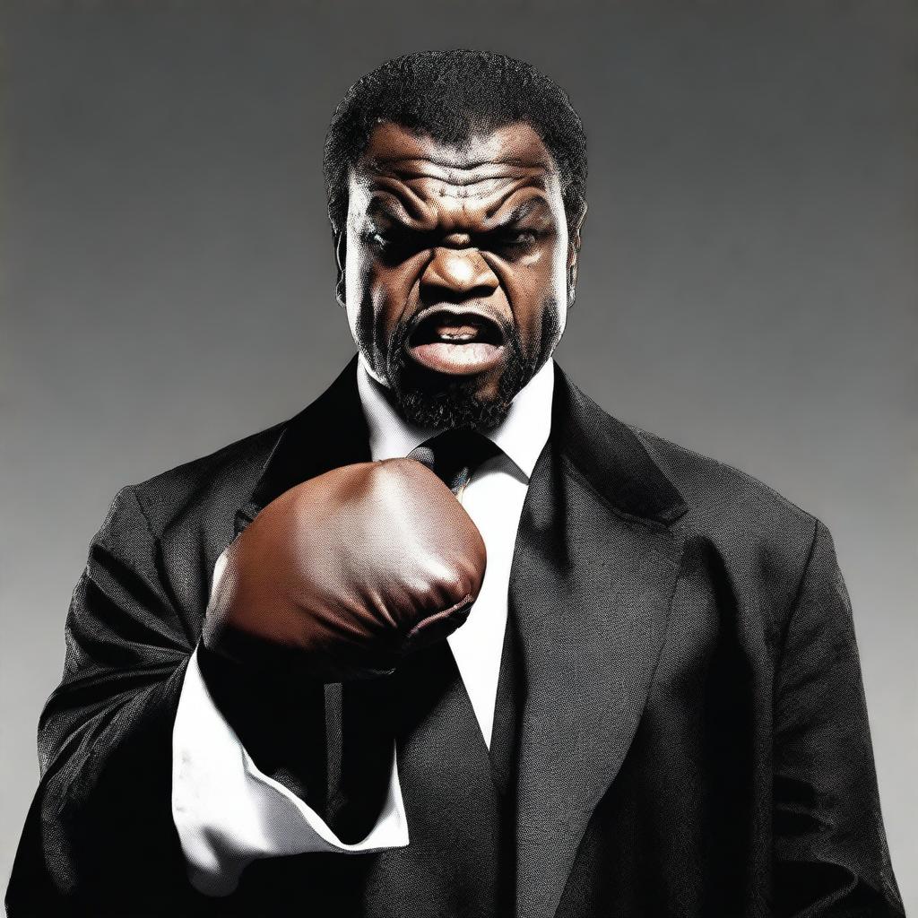 A photo-realistic image of a preacher with a very pugnacious expression, wearing traditional preacher attire including a black robe and a white collar, but also wearing boxing gloves