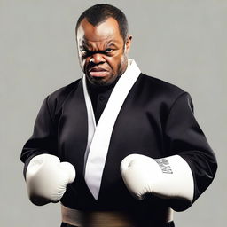 A photo-realistic image of a preacher with a very pugnacious expression, wearing traditional preacher attire including a black robe and a white collar, but also wearing boxing gloves