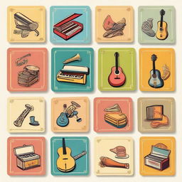 Create an image of 54 colorful cards designed for a children's musical box