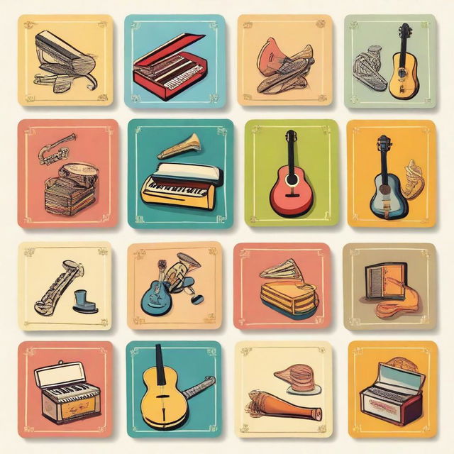 Create an image of 54 colorful cards designed for a children's musical box