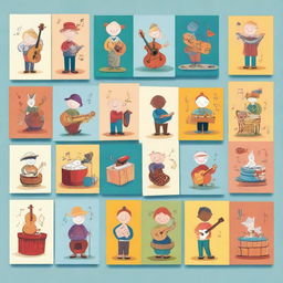 Create an image of 54 colorful cards designed for a children's musical box