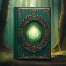 Create a captivating book cover featuring a mysterious forest with an ancient, glowing portal at its center