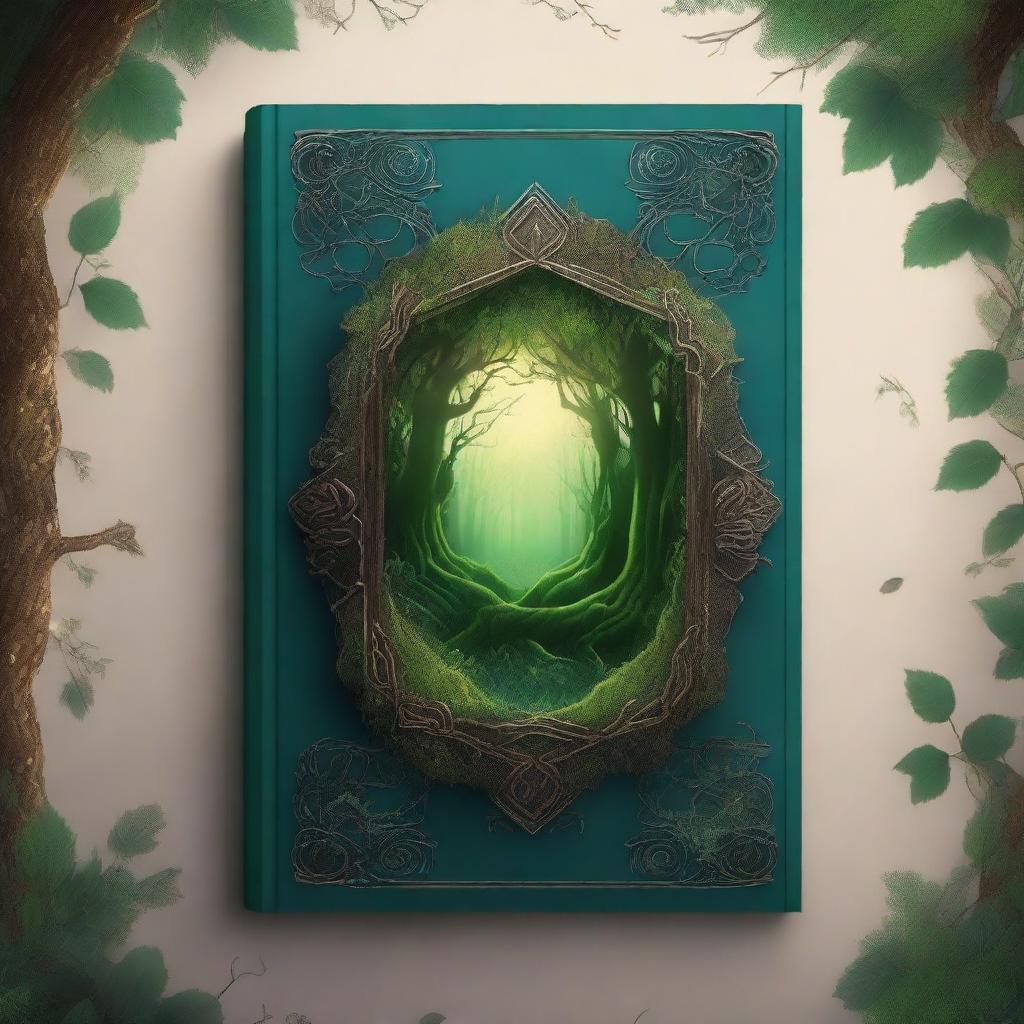 Create a captivating book cover featuring a mysterious forest with an ancient, glowing portal at its center