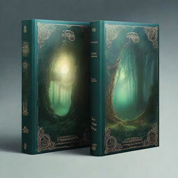 Create a captivating book cover featuring a mysterious forest with an ancient, glowing portal at its center