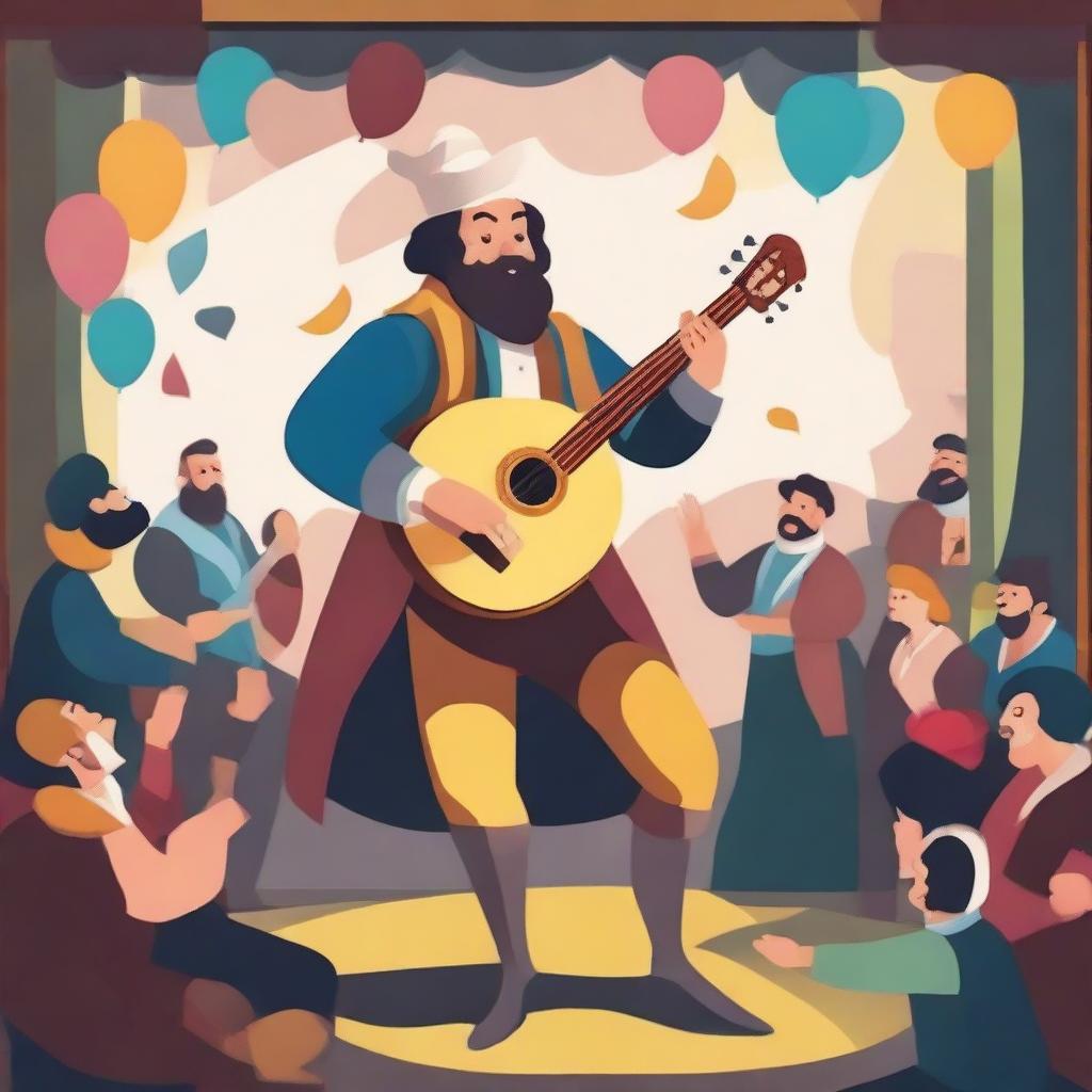 A colorful and lively bard performing on a stage with a crowd of enthusiastic audience members