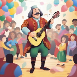 A colorful and lively bard performing on a stage with a crowd of enthusiastic audience members