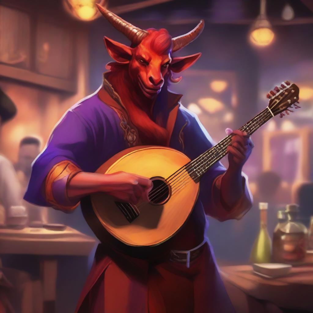 A Tiefling bard with red skin, horns, and a tail, dressed in flamboyant, colorful attire, playing a lute