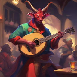 A Tiefling bard with red skin, horns, and a tail, dressed in flamboyant, colorful attire, playing a lute