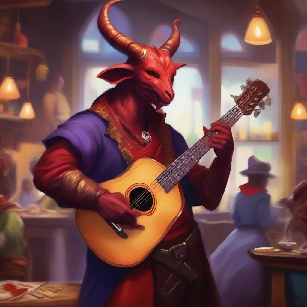 A Tiefling bard with red skin, horns, and a tail, dressed in flamboyant, colorful attire, playing a lute