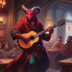 A Tiefling bard with red skin, horns, and a tail, dressed in flamboyant, colorful attire, playing a lute