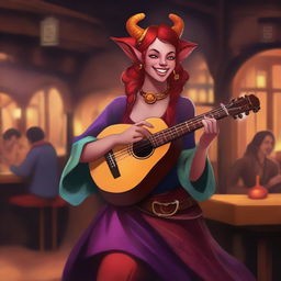 A short, female Tiefling bard with a background in entertainment