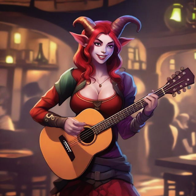 A short, female Tiefling bard with a background in entertainment