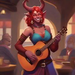 A short, female Tiefling bard with a background in entertainment