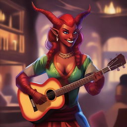 A short, female Tiefling bard with a background in entertainment