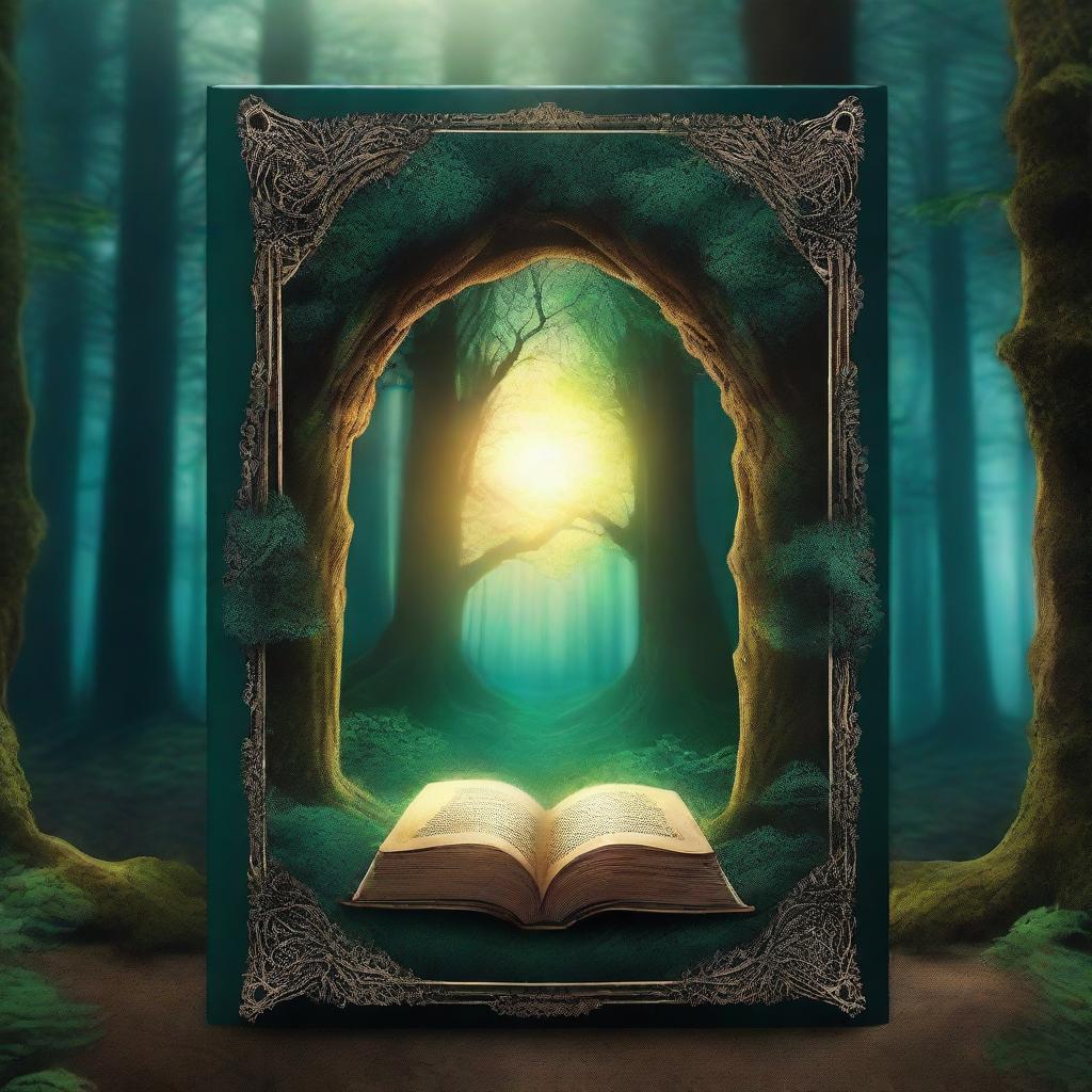 Create a captivating book cover featuring a mysterious forest with an ancient, glowing portal at its center