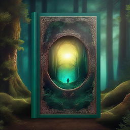 Create a captivating book cover featuring a mysterious forest with an ancient, glowing portal at its center