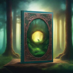 Create a captivating book cover featuring a mysterious forest with an ancient, glowing portal at its center