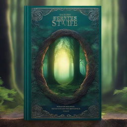 Create a captivating book cover featuring a mysterious forest with an ancient, glowing portal at its center