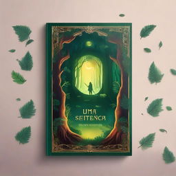 Create a captivating book cover for a book titled 'Uma Sentença Especial' featuring a mysterious forest with an ancient, glowing portal at its center