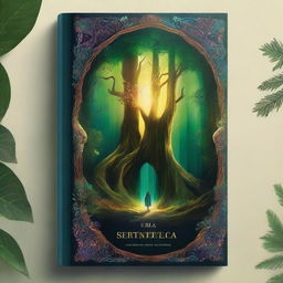 Create a captivating book cover for a book titled 'Uma Sentença Especial' featuring a mysterious forest with an ancient, glowing portal at its center