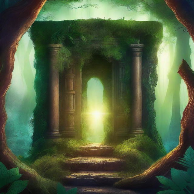 Create a captivating Wattpad fanfic cover for a story titled 'Uma Sentença Especial' featuring a mysterious forest with an ancient, glowing portal at its center