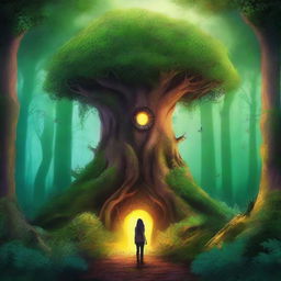 Create a captivating Wattpad fanfic cover for a story titled 'Uma Sentença Especial' featuring a mysterious forest with an ancient, glowing portal at its center