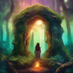 Create a captivating Wattpad fanfic cover for a story titled 'Uma Sentença Especial' featuring a mysterious forest with an ancient, glowing portal at its center