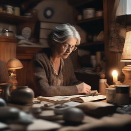 A middle-aged woman in a cozy, cluttered room filled with various objects, searching intently for something important