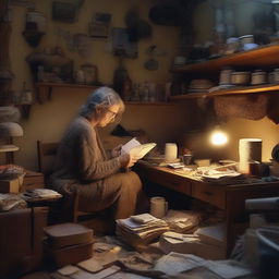 A middle-aged woman in a cozy, cluttered room filled with various objects, searching intently for something important