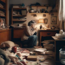 A middle-aged woman in a cozy, cluttered room filled with various objects, searching intently for something important