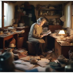 A middle-aged woman in a cozy, cluttered room filled with various objects, searching intently for something important