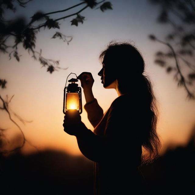 A woman's hand holds up a lantern in front of her face, casting a warm glow