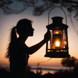 A woman's hand holds up a lantern in front of her face, casting a warm glow