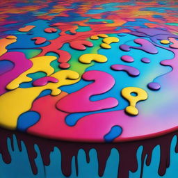 A surrealistic image of a table top covered with question marks that are melting off the edge of the table