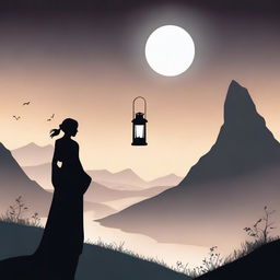 A woman in silhouette is holding a lantern, looking off into the distance