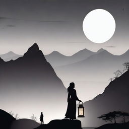 A woman in silhouette is holding a lantern, looking off into the distance