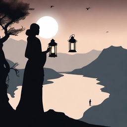 A woman in silhouette is holding a lantern, looking off into the distance