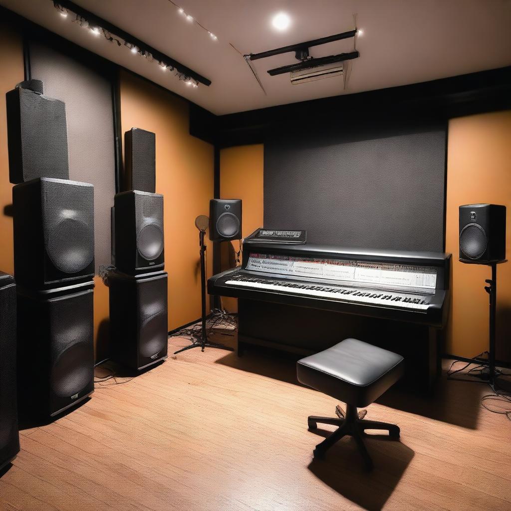 A modern music studio with high-tech equipment, soundproof walls, and a cozy atmosphere