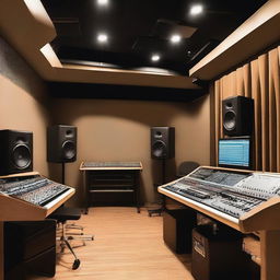 A modern music studio with high-tech equipment, soundproof walls, and a cozy atmosphere