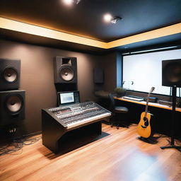 A modern music studio with high-tech equipment, soundproof walls, and a cozy atmosphere