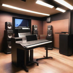 A modern music studio with high-tech equipment, soundproof walls, and a cozy atmosphere