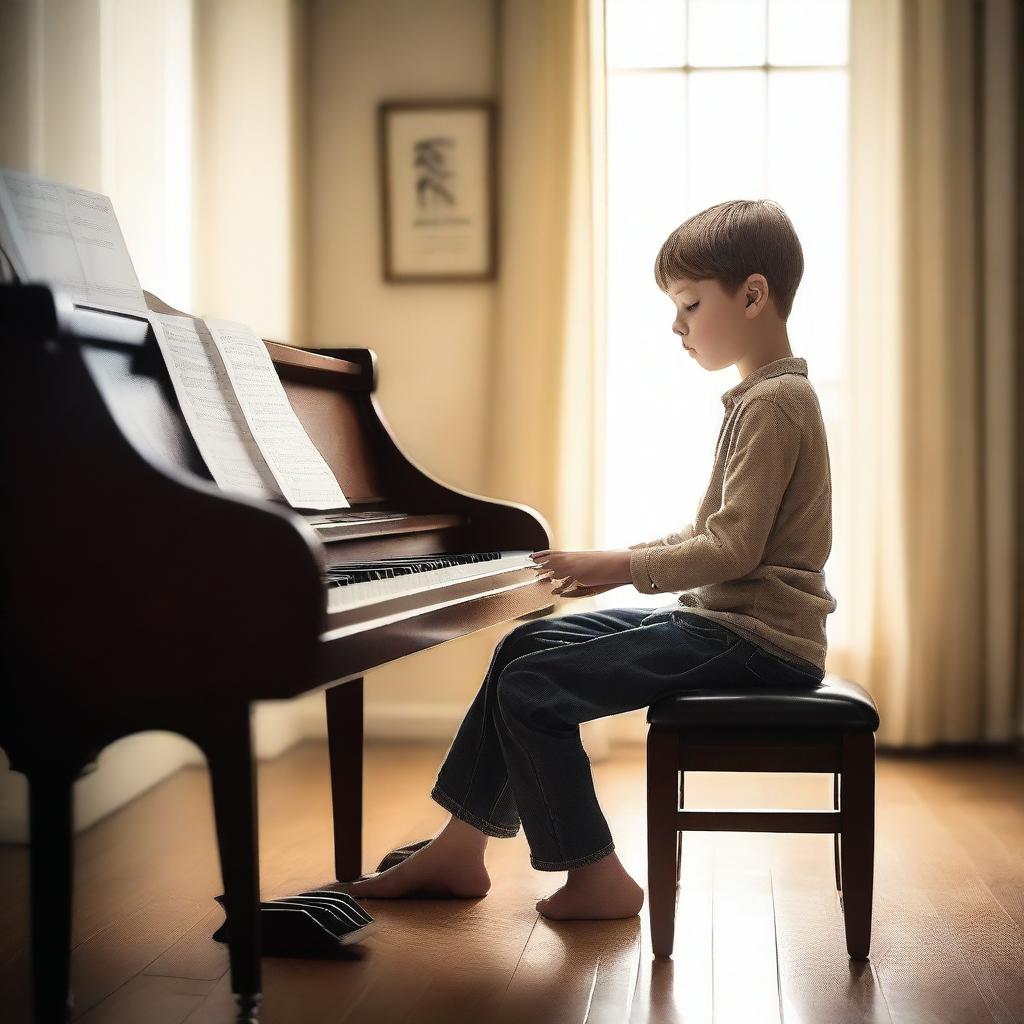 A detailed study of a young boy playing the piano in a cozy, well-lit room