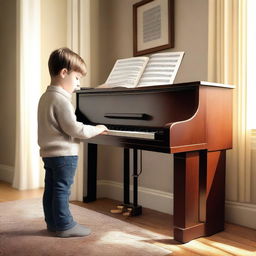 A detailed study of a young boy playing the piano in a cozy, well-lit room