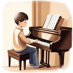 A detailed study of a young boy playing the piano in a cozy, well-lit room