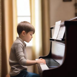 A detailed study of a young boy playing the piano in a cozy, well-lit room