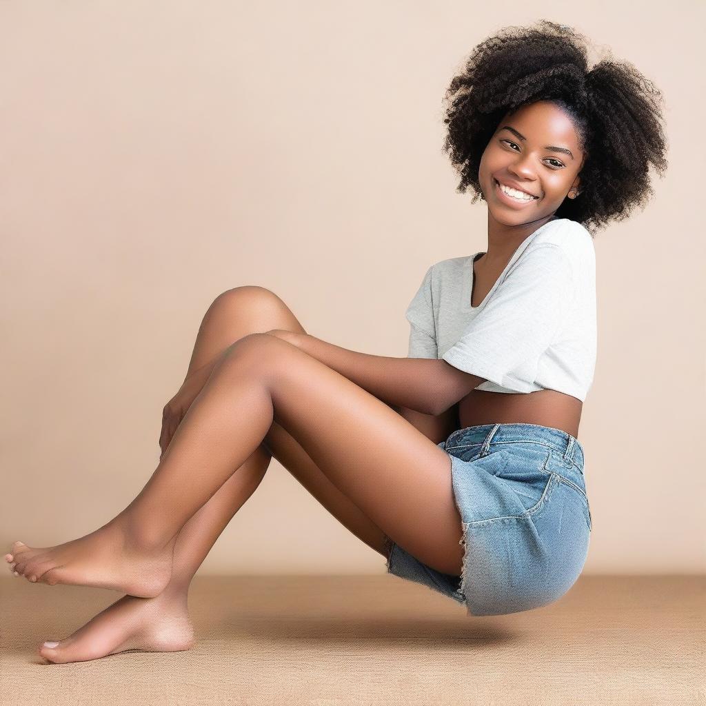 A 20-year-old African American girl with short black hair is showing her big feet