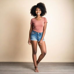 A 20-year-old African American girl with short black hair is showing her big feet