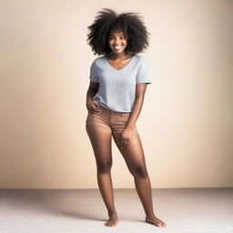 A 20-year-old African American girl with short black hair is showing her big feet