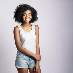 A 20-year-old African American girl with short black hair is showing her big feet